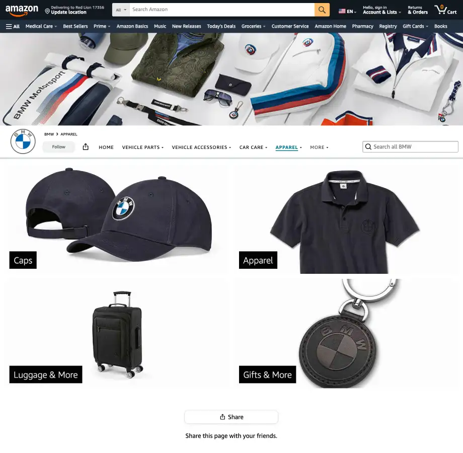 BMW Amazon shop center apparel products