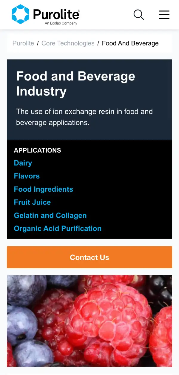 Mobile view of the category organization of a product field