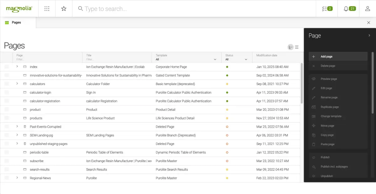 Magnolia CMS Pages App for Purolite.com
