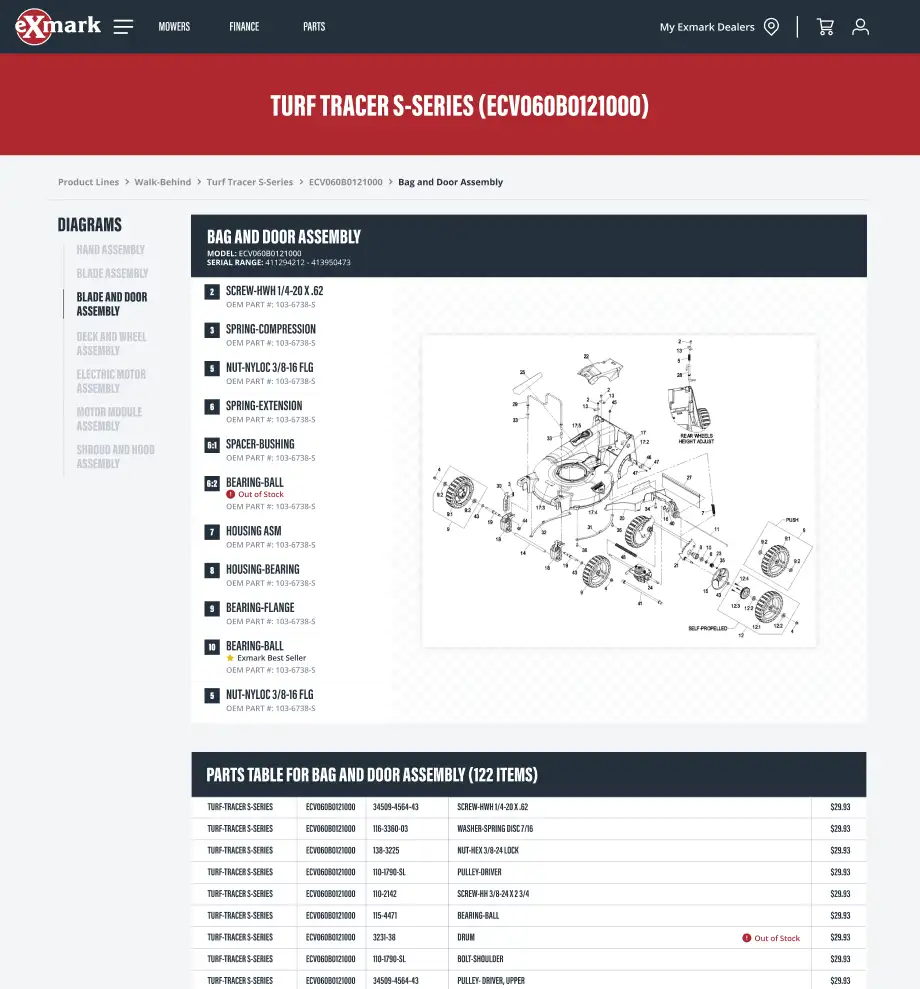 Picture of the exmark shop-by-diagram experience showcasing the custom-built interactive diagram explorer for parts and accessories