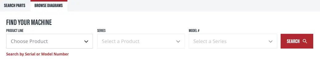 Shop search UI for searching parts and accessories by model number or part number