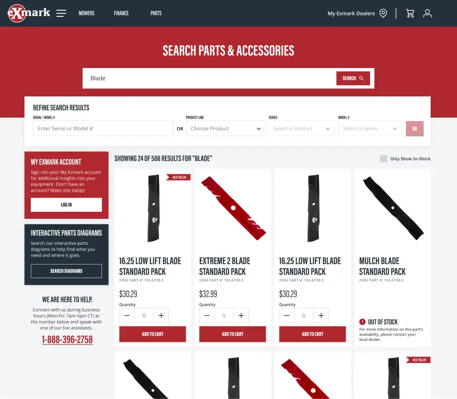 Picture of the exmark shop search resuls experience showcasing the results for a blade search